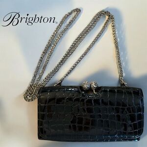Brighton Black Crocodile Embossed Silver Floral Hardware Wallet Crossbody Chain